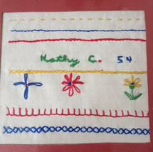 Vintage 1954 Mid Century Handmade Childs Colorful First Embroidery Sampler - $59.39