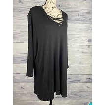 Lane Bryant Knit Tunic Top Womens 22/24 Lace Up V Neck 3/4 Sleeves Black Ribbed - £8.89 GBP