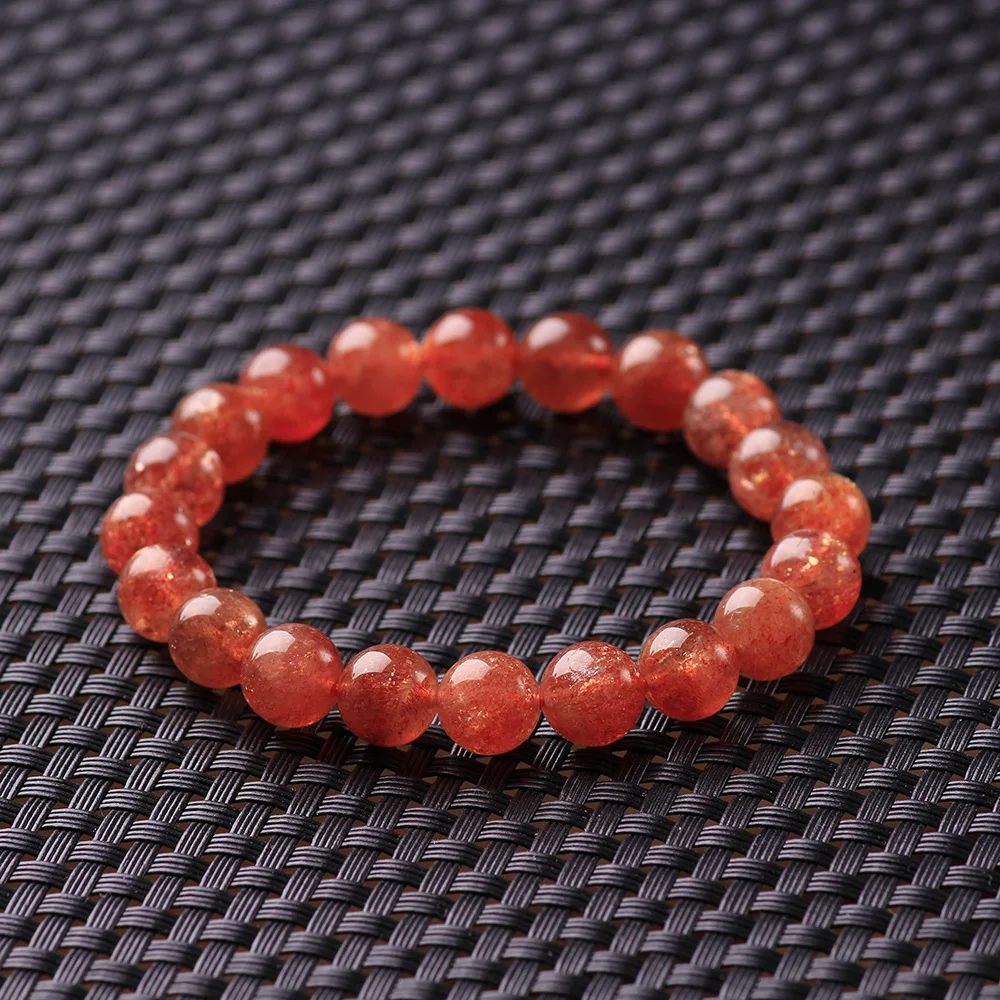 Natural Gold Strawberry Quartz Bracelet Orange Sunstone Clear Round Beads Bracel - £75.38 GBP