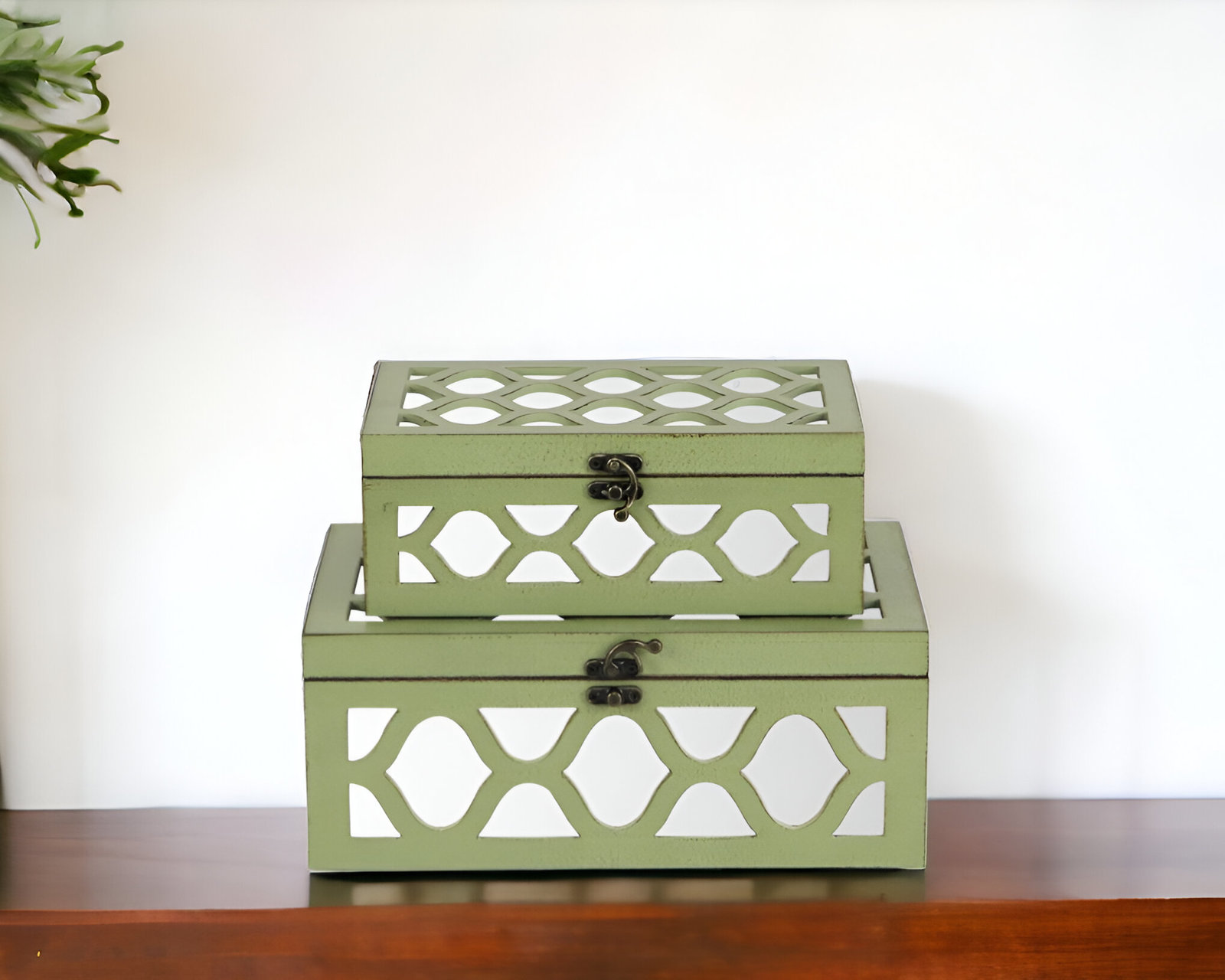 Set of Green Quatrefoil Mirror Jewelry Storage Boxes - $113.19