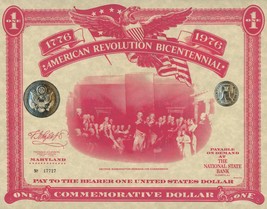 American Revolution Bicentennial Commemorative One Dollar Certificate/First Day  - £7.94 GBP