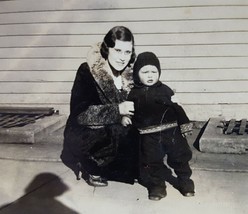1930s Pretty Mom, Cute Toddler Son on Sidewalk Photo B&amp;W Snapshot - £2.72 GBP