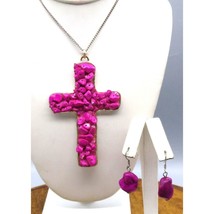 Vintage Distressed Chunky Cross Pendant Necklace and Earrings, Hot Pink ... - $31.93