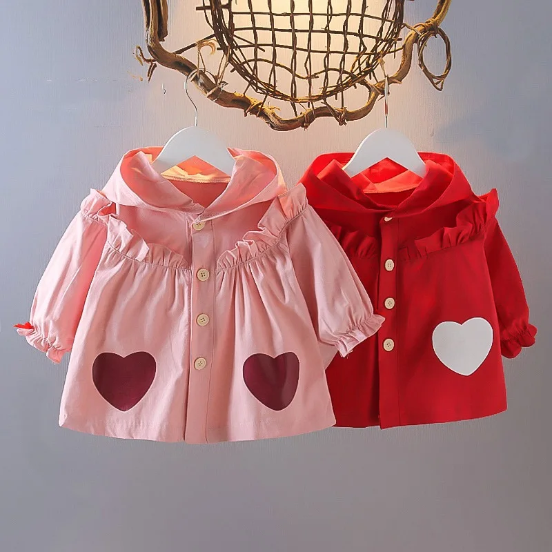 Sweet Spring Autumn Baby Girls  Coat Trench Children Kids Long Sleeve Heart Hood - £87.50 GBP