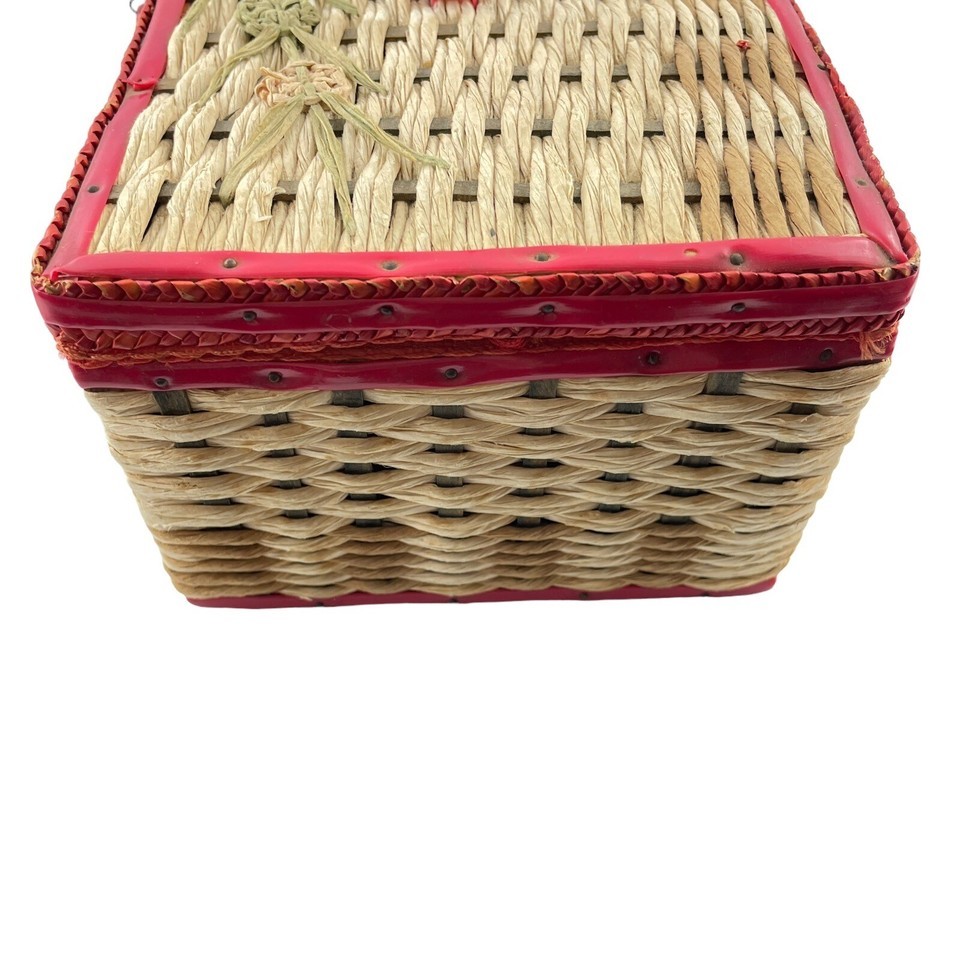Vintage Woven Sewing Basket w Red Trim Satin Interior Notions Patches Needles Item image 6