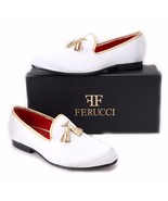 FERUCCI white custom-made Velvet Slippers loafers with gold   tassel - $2,850.83 MXN