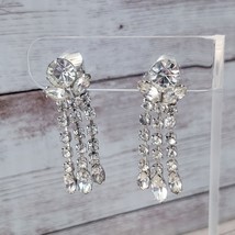 Vintage Clip On Earrings Clear Gem &amp; Silver Tone Dangle - $15.99