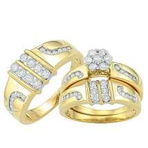 Round Diamond His Her Engagement Trio Wedding Ring Set 14K Yellow Gold Over Band - £107.16 GBP