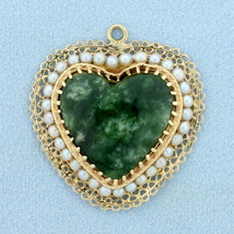 Vintage Jade and Pearl Heart Pendant in 14K Yellow Gold - £630.71 GBP