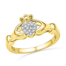 10k Yellow Gold Womens Round Diamond Claddagh Hands Heart Cluster Ring 1/20 Ctw - £205.75 GBP