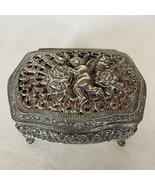 Cherub Trinket Jewelry Box Metal Victorian Rococo Style Ornate Filigree Lined  - $848.80 MXN