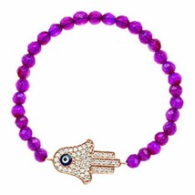 Sterling Silver Rose Gold Fuchsia Faceted Quartz Stretch Hamsa Hand Bracelet - £57.54 GBP