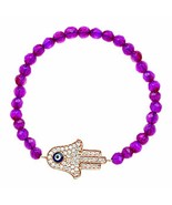 Sterling Silver Rose Gold Fuchsia Faceted Quartz Stretch Hamsa Hand Brac... - $72.00