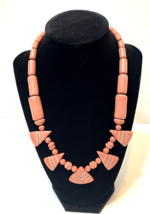 Vintage Womens Wood Beaded Necklace Triangle Carved Blush Pink 10 Inches - £9.90 GBP