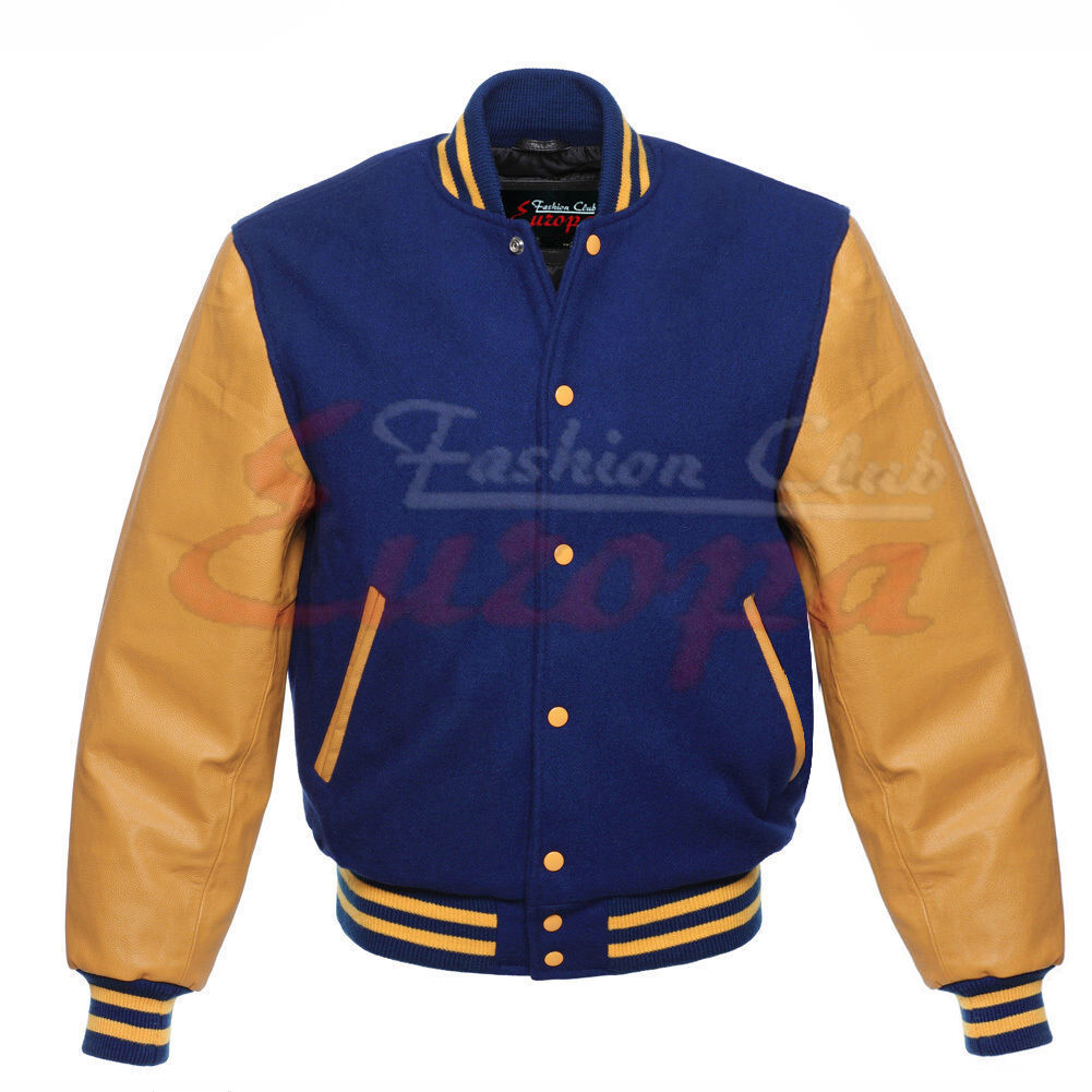 Varsity Letterman College Royal Blue Wool Jacket with Real Leather Sleeve XS-4XL