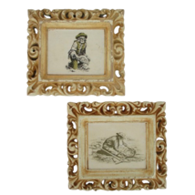 2 Mini Gold Panning Mining Miner Vintage Ceramic Chalk Ware Ornate Picture Frame - £27.67 GBP