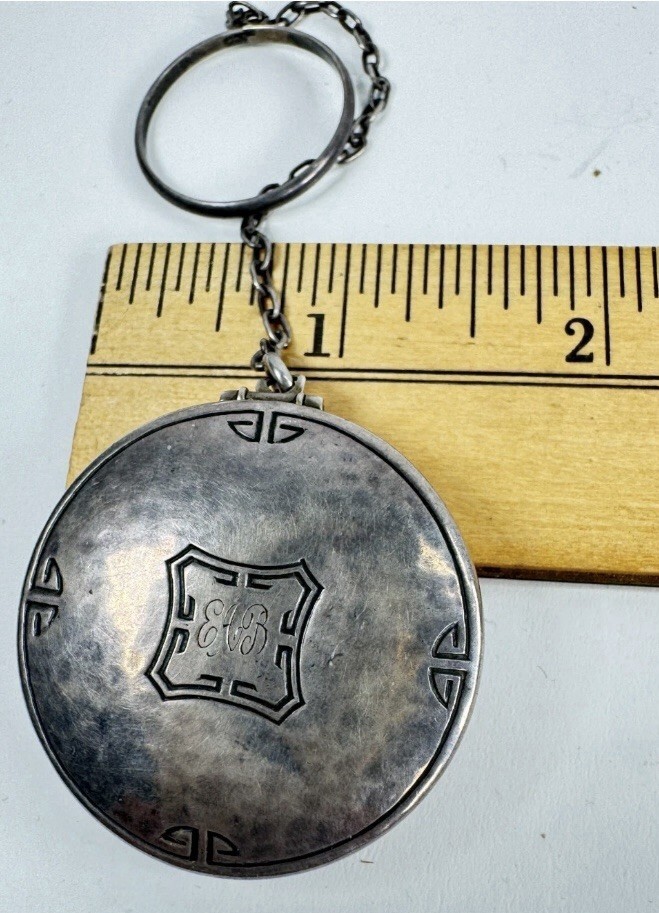 Antique Hand Hammered Sterling Silver Chatelaine Pill Box 4” Chain & Ring c1920s Item image 2