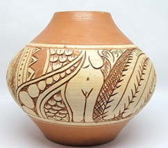 Vintage Southwest Pottery Vase Vessel BULL NUDE WOMEN Deeply Etched Clay - £132.44 GBP