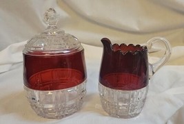 Vintage Cranberry Creamer Lidded  &amp; Sugar Bowl - £15.01 GBP