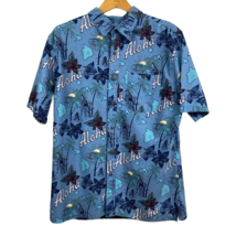 Croft &amp; Barrow Shirt Men L Blue Button Up Short Sleeve Cotton Island Print Aloha - £16.02 GBP