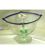 Square Hand-Blown Art Glass Footed Bowl Cobalt Blue Green Clear - $69.29