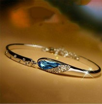 4Ct Simulated Blue Topaz &amp; Diamond Bangle Bracelet 14K White Gold Plated Silver - $197.99