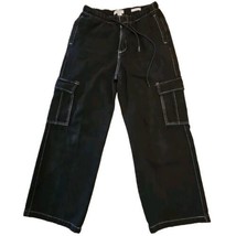 Forever 21 Jeans Womens 26 Black Cargo Wide Leg Baggy Denim Y2K Drawstring Waist - £15.33 GBP