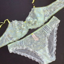 Victoria&#39;s Secret unlined 36C BRA SET XL Panty mint GREEN neon yellow blue lace - £58.33 GBP