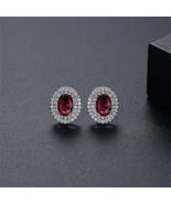 Red Crystal &amp; Cubic Zirconia Halo Oval Stud Earrings - £12.67 GBP