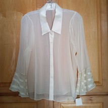 100% Silk Blouse Bell Sleeves Collar Sheer Fitted Luxe Ribbon Detail Poleci SZ 4 - £63.86 GBP
