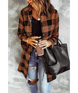 Brown Turn-down Collar Plaid Shirt Coat - $490.64 MXN