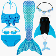 7PCS/Set New Royal Blue Kids Swimming Mermaid Tail With Monofin Swimsuit Bikini - £28.92 GBP