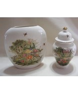 Vintage Japan Porcelain Urn with Lid Plus Vase Set Original Sticker OMC - $37.41