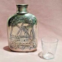 Silverplate Pictorial &quot;Dutch Windmill&quot; 9 oz Whiskey Flask  &amp; Crystal Sho... - £71.00 GBP