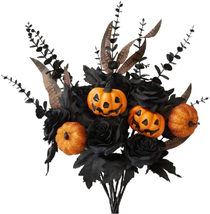 10PCS Halloween Decor Artificial Flowers Black Roses with Pumpkins, Halloween Ta - $36.53