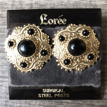 Vintage Loree Faux Onyx Gold Tone Set Antique Like Round Earrings Boho Rhapsody - £28.18 GBP