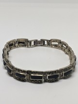 Vintage Sterling Silver 925 CW Black Onyx Marcasite Tennis Bracelet 7.25&quot; - £35.29 GBP