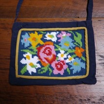 Vtg Hand Embroidered Colorful Floral Crewel Navy Cotton Small Shoulder P... - $15.99