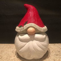 New Christmas GNOME COOKIE JAR Canister Ceramic Candy Bow 6.3&quot;L x 6.5&quot;W ... - $30.65