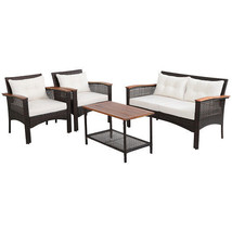 4 Pieces Patio Rattan Acacia Wood Furniture Set with Cushions and Armrest - Colo - $724.90 CAD
