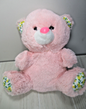 Pink plush teddy bear plastic nose yellow blue green floral flowers feet ears - £10.05 GBP