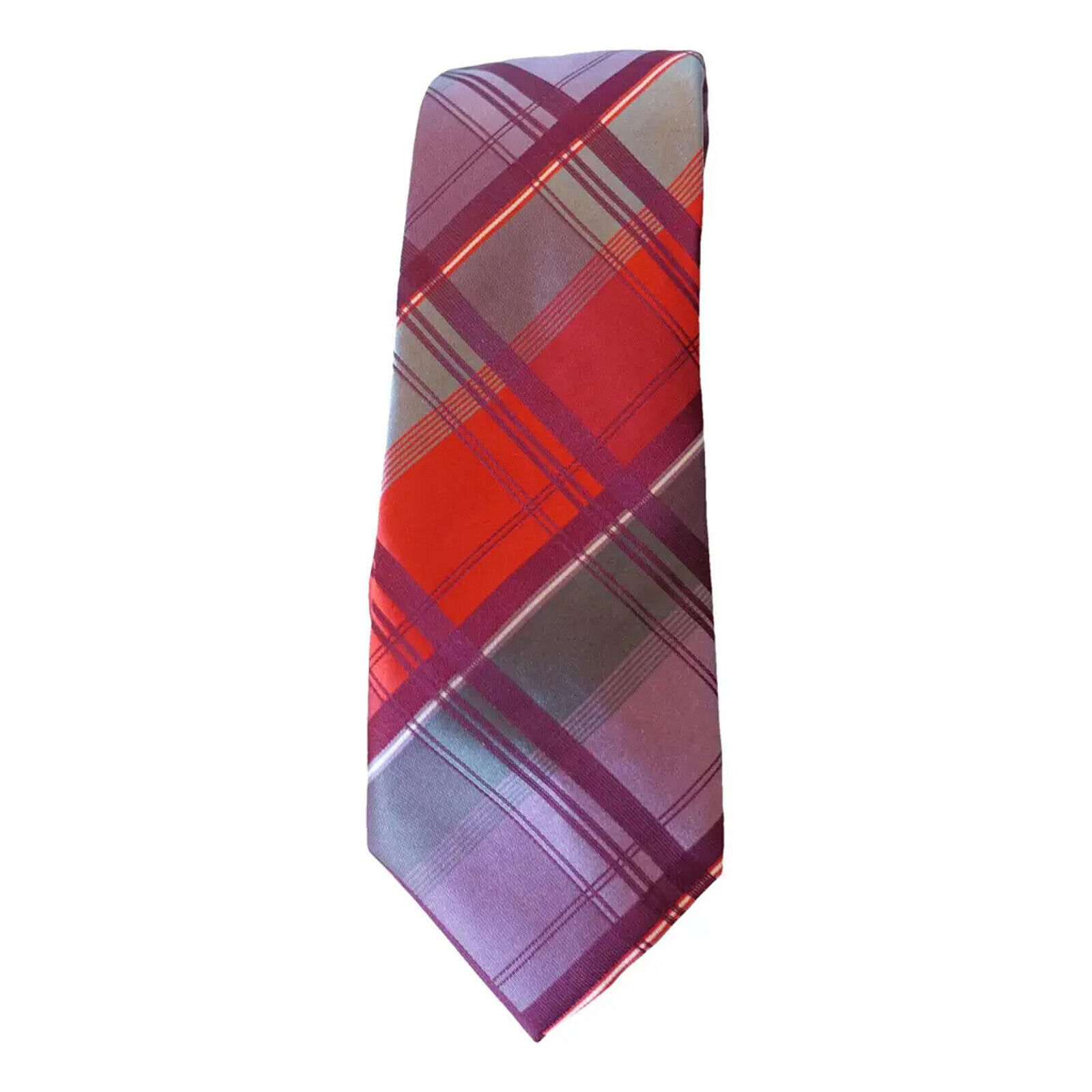 SEAN JOHN Red Gray Purple Large Plaid Silk Classic Tie - $19.99