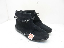 Comfort Ease Women&#39;s Fringe Back-Zip Moccasin Slippers Black Leather Siz... - £22.35 GBP