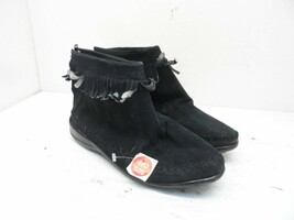 Comfort Ease Women&#39;s Fringe Back-Zip Moccasin Slippers Black Leather Siz... - $28.49