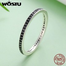 WOSTU Authentic 925 Sterling Silver Finger Stackable Rings With Black Zircon CZ  - $17.78