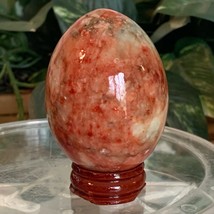 Alabaster Hand Carved Stone Egg Red Glossy Polished Marble Wood Stand VTG MCMv - £13.65 GBP