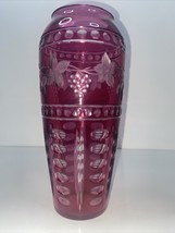 Cased Glass Cranberry Red Etched Cut to Clear Designer Vase Grapes Leaves 10&quot; - £155.05 GBP