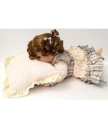 Porcelain Doll With Brown Hair &amp; Pink Dress Laying on Pillow 15 Inches V... - $23.36