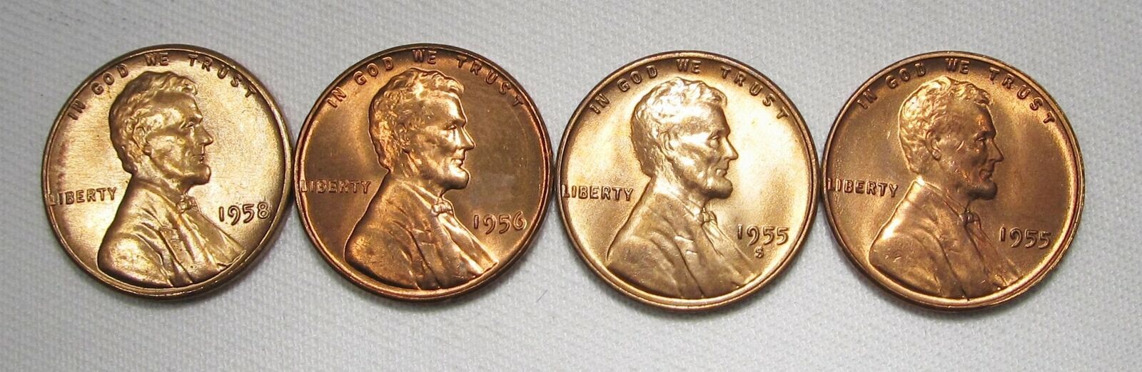 Primary image for 1955-P & S, 1956-P, 1958-P Lincoln Wheat Cents Lot of 4 VCH-GEM UNC Coins AE971
