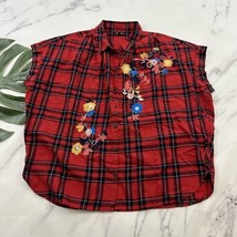 Madewell Embroidered Central Shirt Size L Red Black Plaid Floral Button ... - $26.72